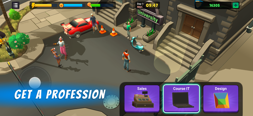 L.A. Story - Life Simulator - Gameplay of LA Story Life Simulator showing a character at university choosing between Sales IT and Design careers