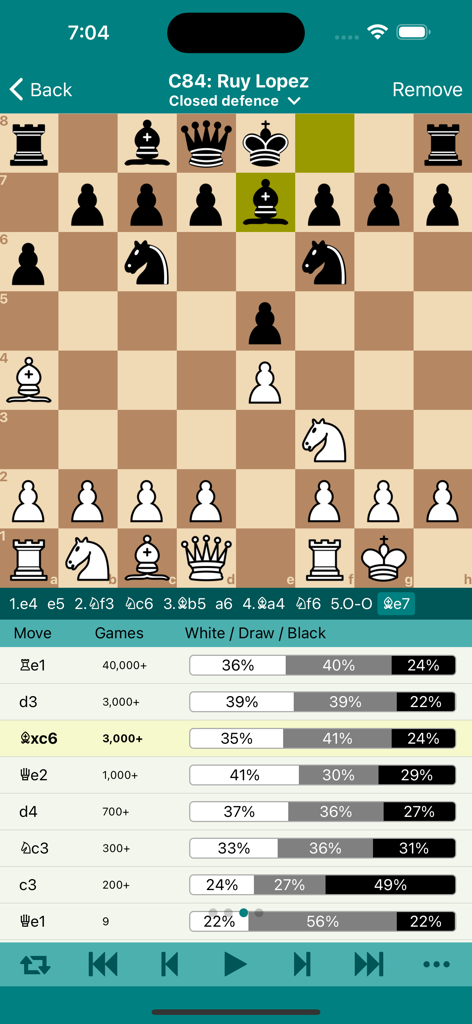 Chess Opener Lite - Chess opening explorer showing win rate statistics and move percentages on a mobile interface