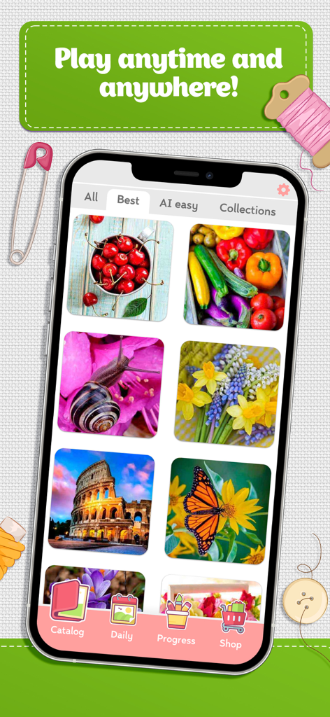 Cross Stitch Coloring Art - Cross Stitch Coloring Art app showing a catalog of embroidery patterns on a smartphone screen.