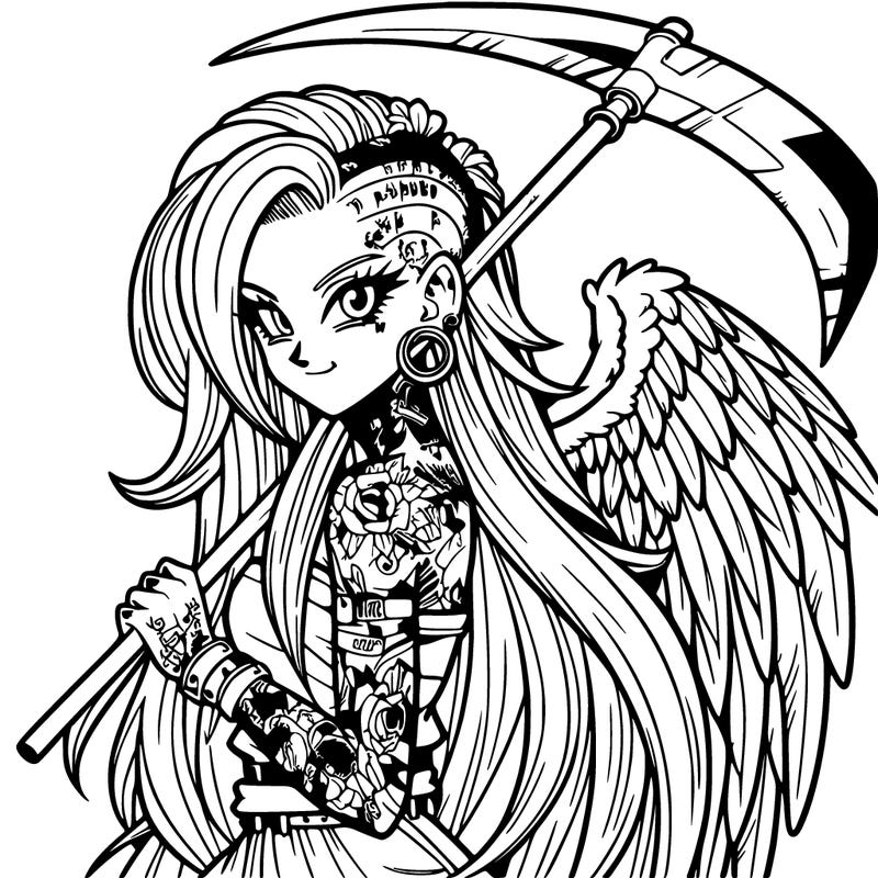 dbz anime punk woman, beautiful long hair covered in tattoos and angel wings holding a scythe in hands