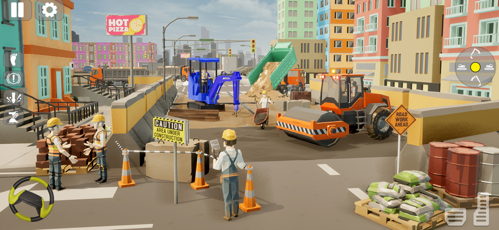 Builder City Construction 3D - Obra 3D con maquinaria pesada, trabajadores y materiales en un entorno urbano