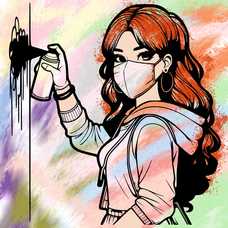 realistic girl with mask spray painting a wall