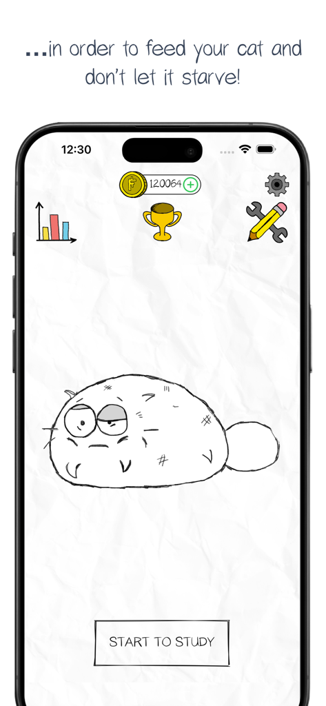 Fatty Cat! - Study Companion - Pantalla principal de la aplicación Fatty Cat Study Companion mostrando un gato dibujado a mano y un botón para empezar a estudiar.
