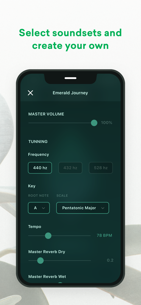 PlantWave - Tela do aplicativo PlantWave mostrando a personalização de som com a tecla de volume e configurações de tempo