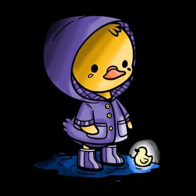 baby duck in a rain coat and boots, in a puddle while it’s raining