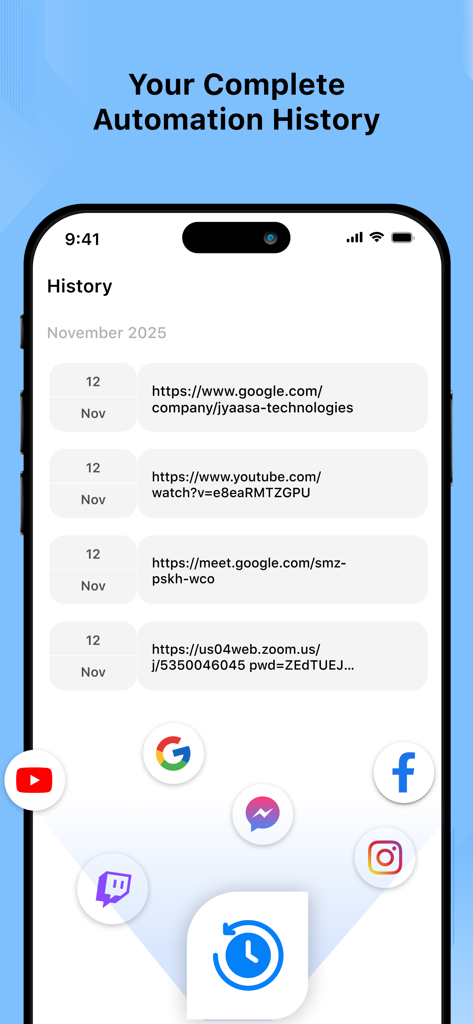 Auto Clicker - Automatic tap· - Screenshot of the automation history screen in the Auto Clicker app showing a log of automated URLs and social media icons.