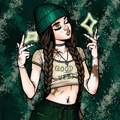 realistic teenage girl with braids and a beanie and crop top doing 🫶🏼