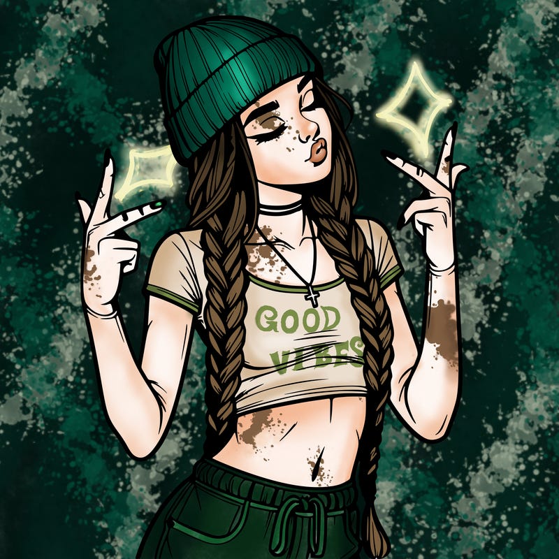 realistic teenage girl with braids and a beanie and crop top doing 🫶🏼