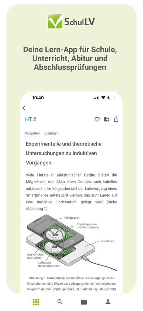 SchulLV - Screenshot der SchulLV Lern-App mit einer Physik-Lektion zum Thema induktives Laden inklusive technischem Diagramm