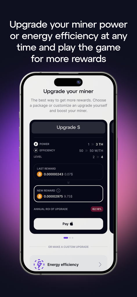 GoMining - Mining App - Écran de l'application GoMining montrant les options pour améliorer la puissance du mineur numérique et l'efficacité énergétique afin d'augmenter les récompenses quotidiennes en bitcoin