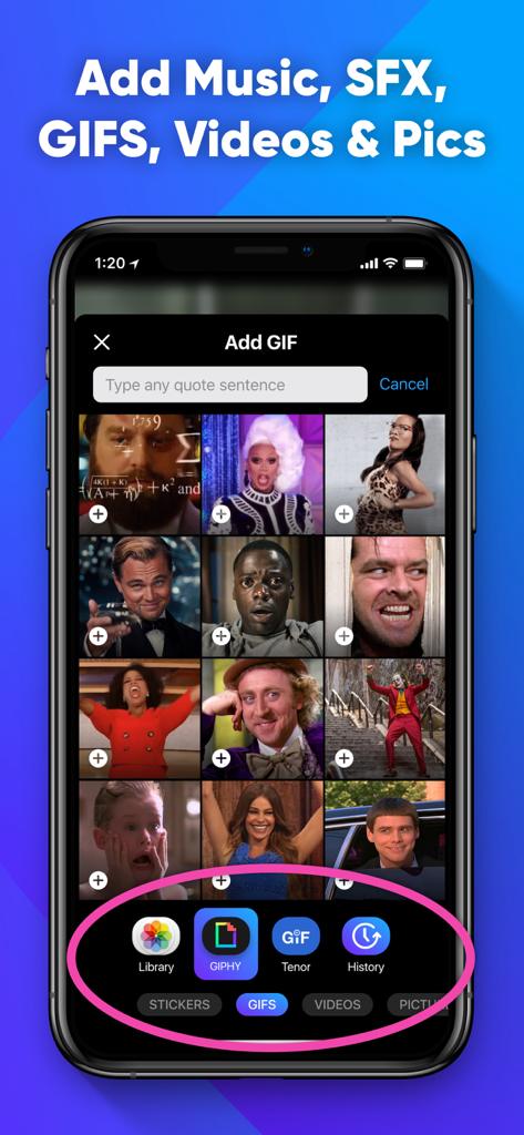 VideoEasy app interface for searching and adding popular GIFs and movie memes to video edits.