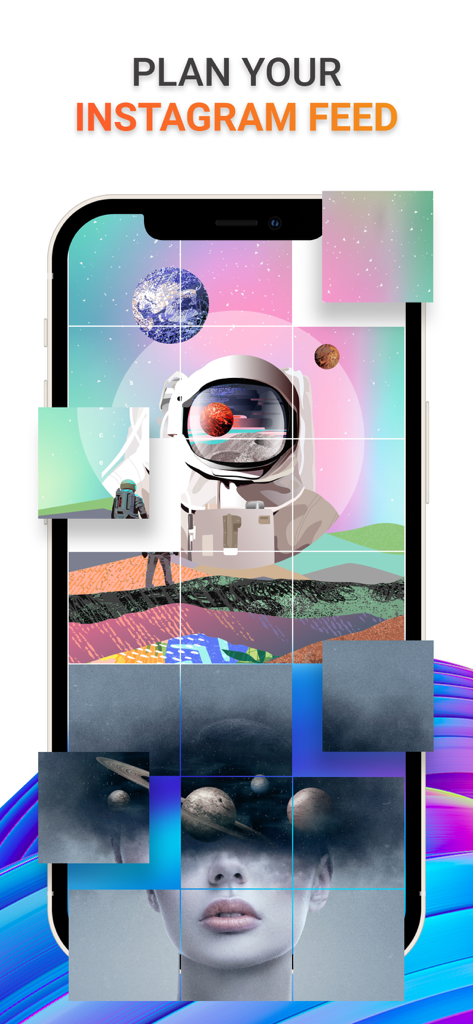 Una interfaz de aplicación móvil que muestra un diseño de cuadrícula de fotos artísticas para la planificación del feed de Instagram