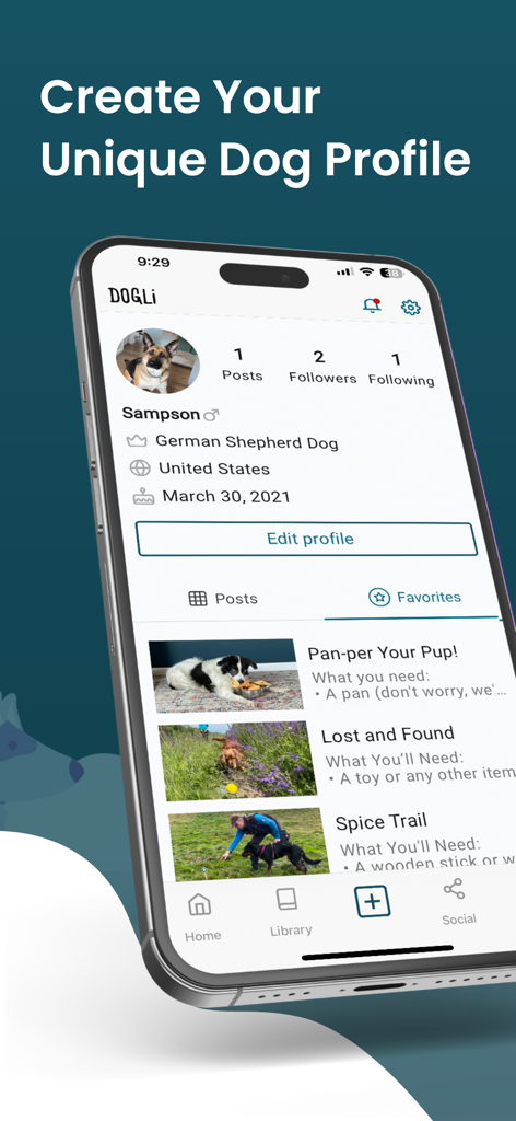 DOGLi - Dog Enrichment & Games - Smartphone screen showing the DOGLi app dog profile interface with breed details and favorited enrichment activities