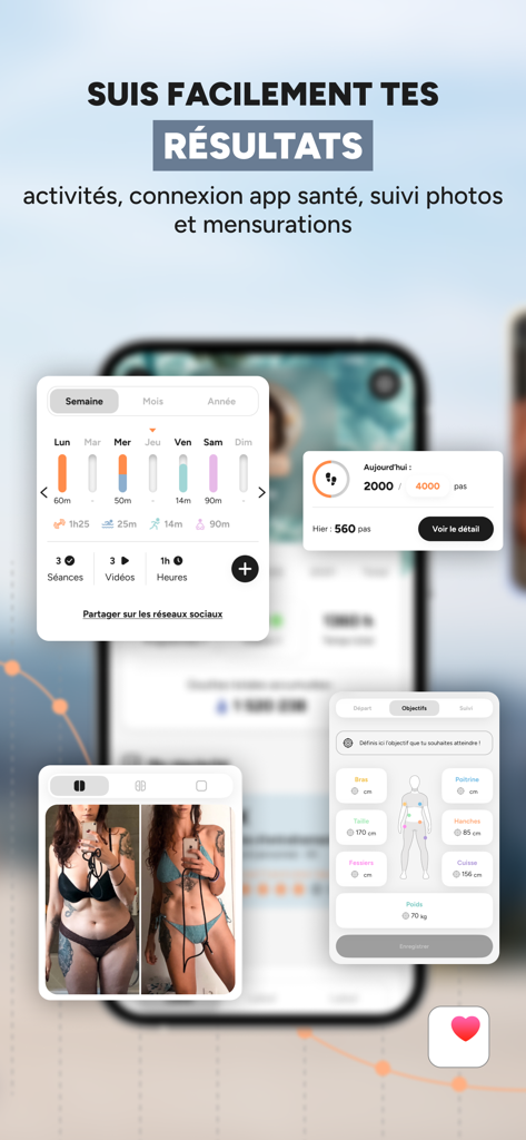 Sport & Nutrition - TSE - Interfaz de la app Trainsweateat que muestra gráficos de actividad de entrenamiento, rastreador de pasos y mediciones corporales.