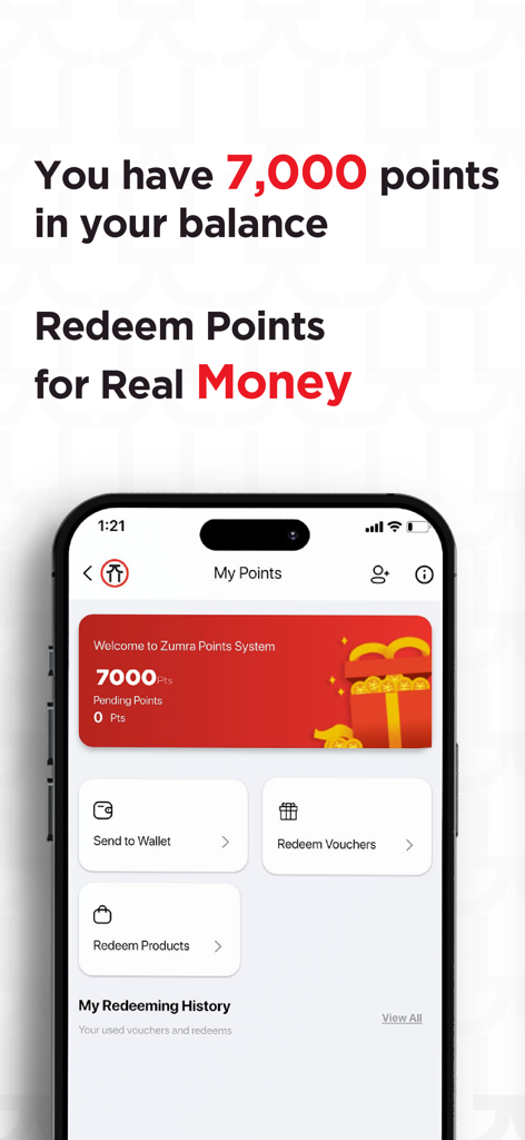 Zumra – Asian Food Delivery - Interfaz de la aplicación Zumra Asian Food Delivery que muestra el saldo de puntos de fidelidad y las opciones de canje de recompensas