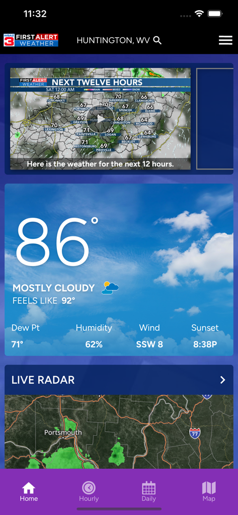 WSAZ Weather app interface showing current conditions in Huntington West Virginia with live radar and twelve hour forecast