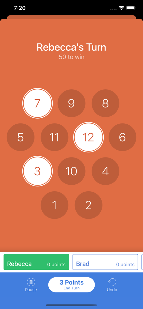 Finska Party app scoring interface showing pins numbered 1 to 12 for Rebecca's turn