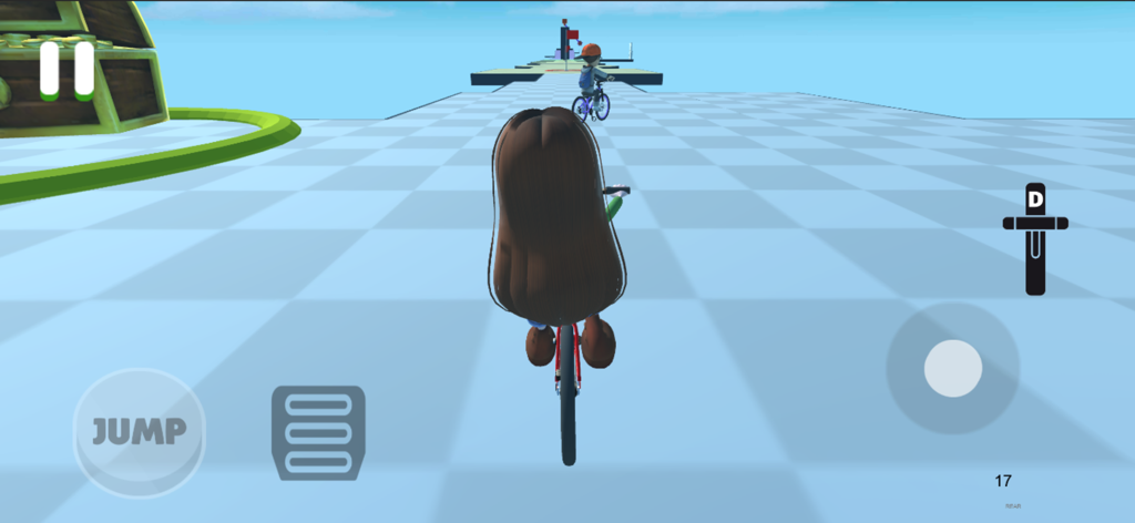 Obby on a Bike – Hardcore Ride - Un personaje pedaleando a través de un nivel de circuito de obstáculos a cuadros en Obby on a Bike