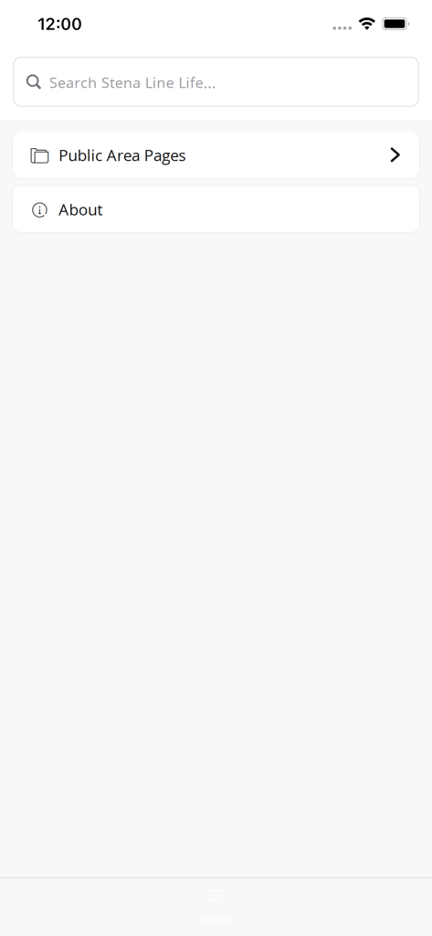 Stena Line Life - Stena Line Life従業員エンゲージメントアプリの検索とナビゲーション画面。パブリックエリアのページと「会社概要」セクションのメニューオプションが表示されています。