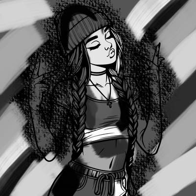 realistic teenage girl with braids and a beanie and crop top doing 🫶🏼