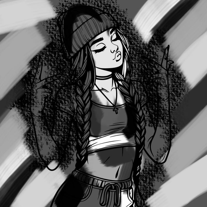 realistic teenage girl with braids and a beanie and crop top doing 🫶🏼