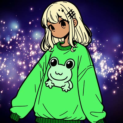 girl wearing frogging sweatshirt