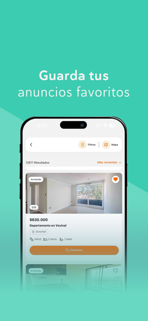 Yapo.cl - Pantalla móvil de la app Yapo.cl mostrando una lista de anuncios favoritos de bienes raíces.