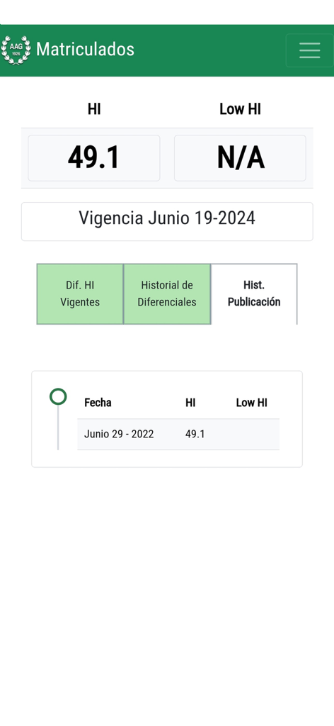 AAG Matriculados - Interfaz de la aplicación AAG Matriculados que muestra el índice de hándicap de golf oficial y el historial