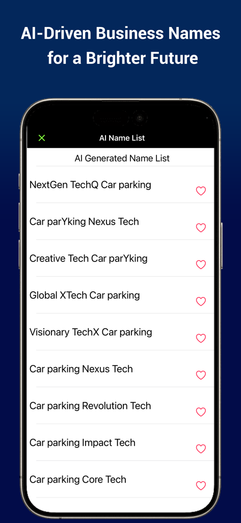 Ai Business Name Generator App - A mobile app screen displaying a list of AI-generated business name ideas for a car parking niche.