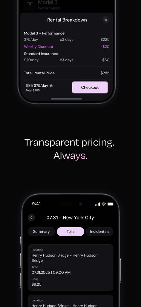Eon App-Oberfläche, die eine transparente Aufschlüsselung der Mietpreise und eine detaillierte Liste der Autobahngebühren zeigt.