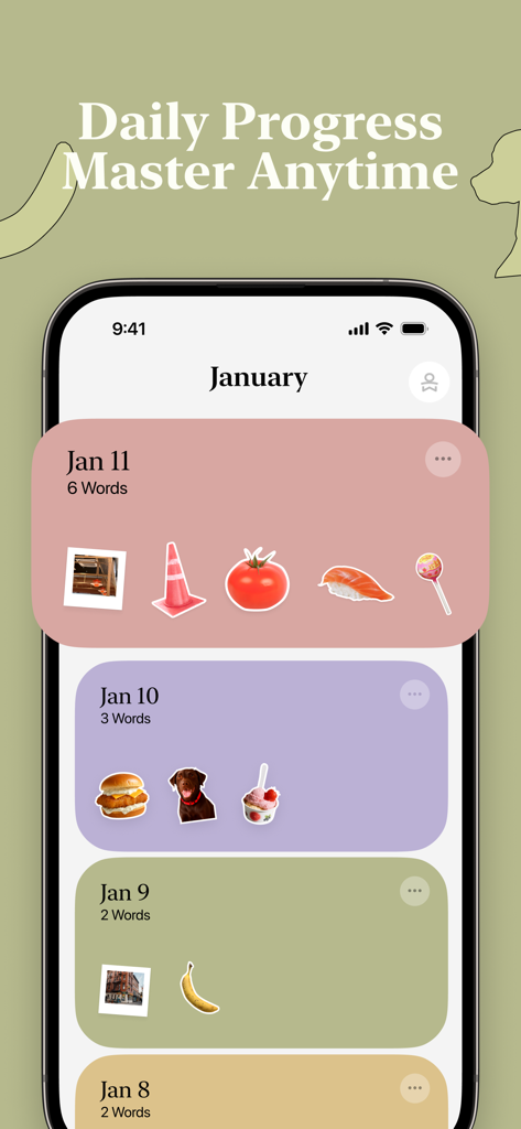 CapWords AI: Learn Languages - A mobile app screen displaying daily language learning progress with a timeline of words learned and photos of scanned objects.