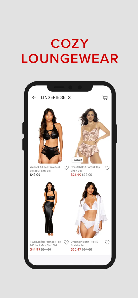 HUSTLER Hollywood - HUSTLER Hollywood mobile app interface showing a variety of lingerie sets and loungewear styles