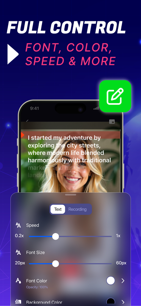 Teleprompter Camera - Interfaz de la aplicación Teleprompter Camera que muestra deslizadores de personalización de velocidad y tamaño de fuente del guion.
