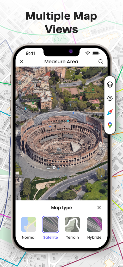 GPS Fields Area Measure on Map - Tela de smartphone mostrando uma visualização de mapa de satélite e várias opções de tipo de mapa, incluindo Normal, Satélite e Terreno dentro do aplicativo GPS Fields Area Measure.
