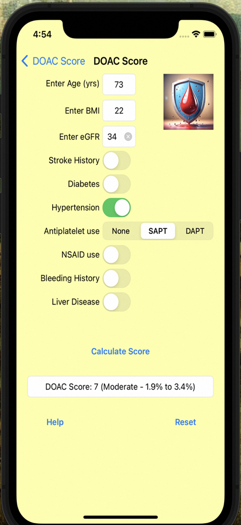 DOACScore app clinical calculator screen showing medical input fields and a calculated moderate bleeding risk score for cardiologists