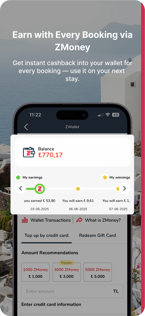 Otelz app screenshot showing ZMoney wallet balance and rewards for travel bookings