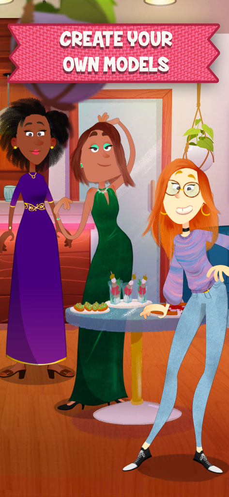 Tres modelos de chicas estilizadas con diferentes peinados y atuendos en un entorno de salón