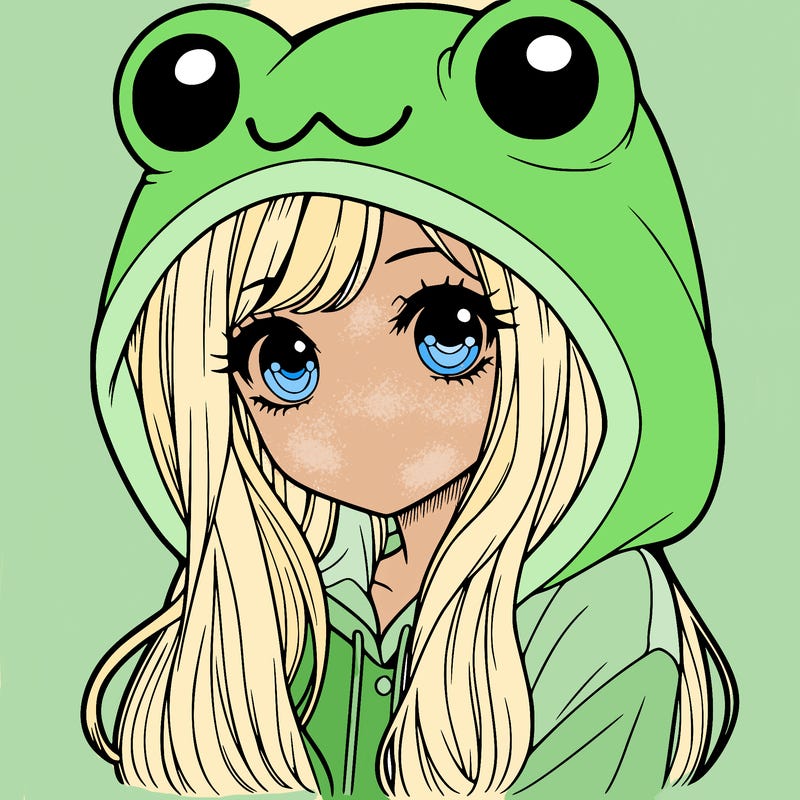 a pretty girl wearing a frog hoodie portrait with long hair