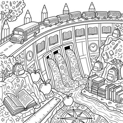 Get ready for a unique back-to-school experience with our whimsical river dam coloring page! This creative design blends engineering marvels with academic fun, featuring school buses, books, and classic school supplies.
