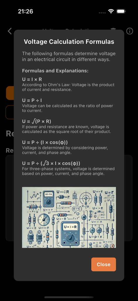 Electrician's assistant - Voltage calculation formulas and electrical circuit diagrams in the Electricians assistant app