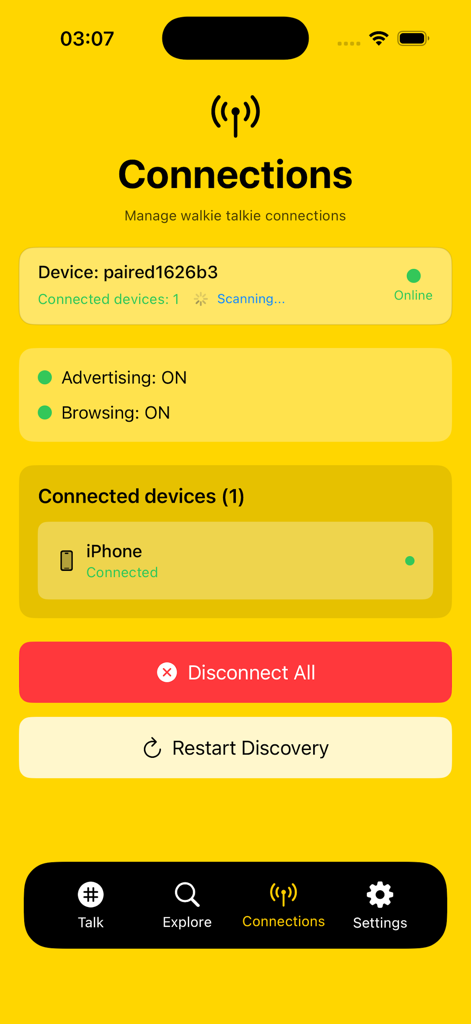 Talky - Walkie Talkie, Radio - Smartphone interface showing the Connections management screen of the Talky walkie talkie app with one active device connection.