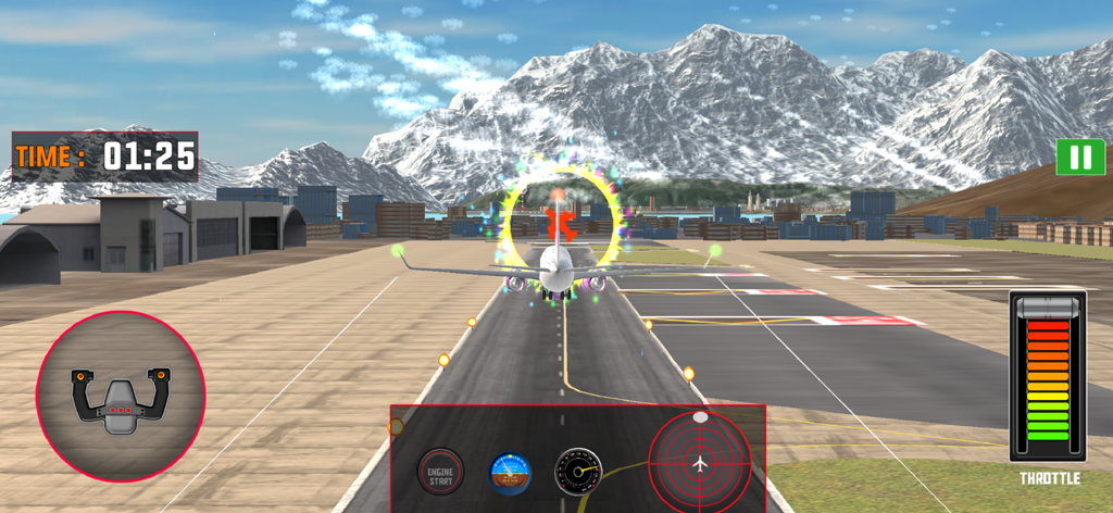 Pilot & Crew: Flight Duties - Ein Flugzeug auf einer Landebahn mit schneebedeckten Bergen im Hintergrund und mobilen Spielsteuerungen für Pilotflugdienste.