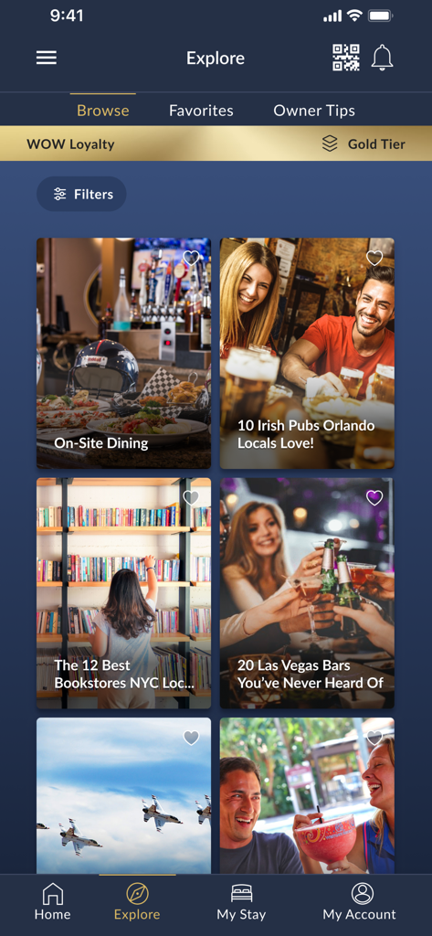 Schermata di esplorazione dell'app Westgate Resorts che mostra raccomandazioni locali per ristoranti e attività