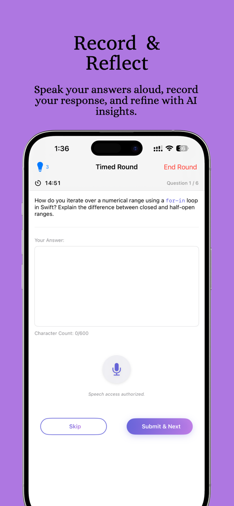 Interview Genie - 음성 녹음 기능을 갖춘 시간제 Swift 인터뷰 질문을 보여주는 Interview Genie 앱 인터페이스 (AI 코칭용)
