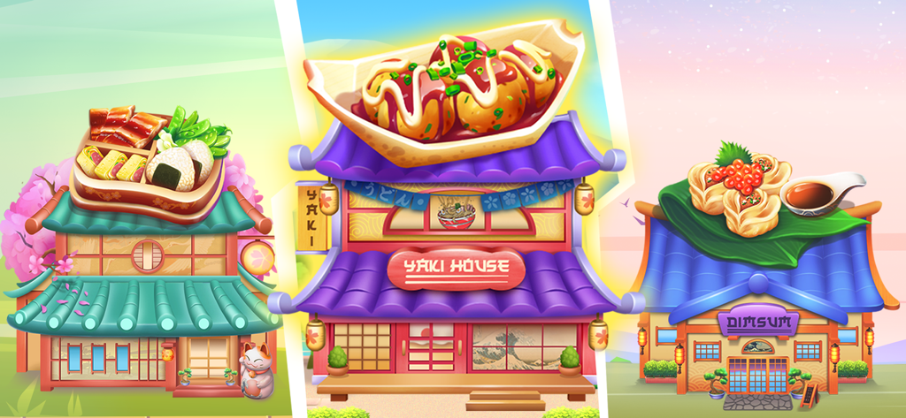 たこ焼きや点心などの巨大な食品アイコンを屋根に持つ、カラフルな3つの日本風レストランの建物