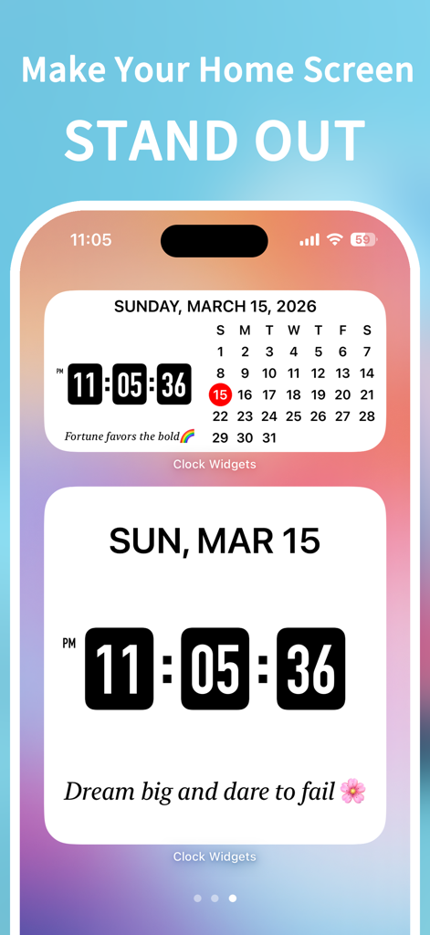 Clock Widget - Ultra HD Time - Customizable flip clock and calendar widgets on an aesthetic iPhone home screen background.