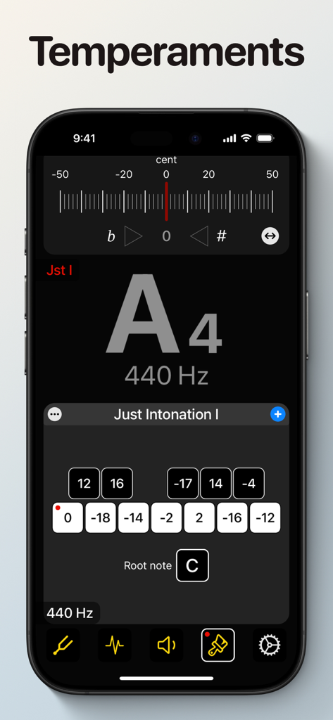 UniTuner Pro - Chromatic Tuner - Interface of the UniTuner Pro app displaying musical temperaments and Just Intonation settings.