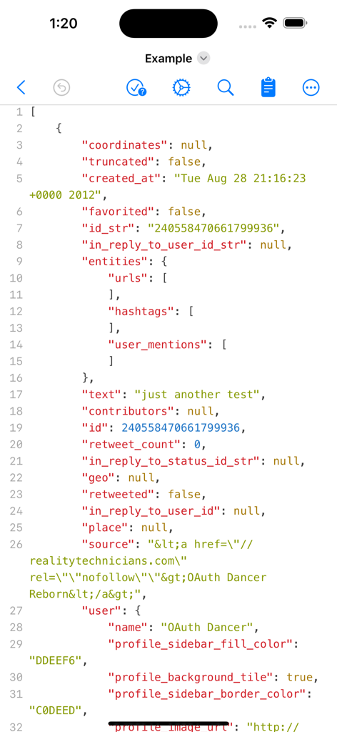 JSON Editor Mobile - 구문 강조 및 줄 번호가 있는 텍스트 모드의 JSON 편집기 모바일 인터페이스