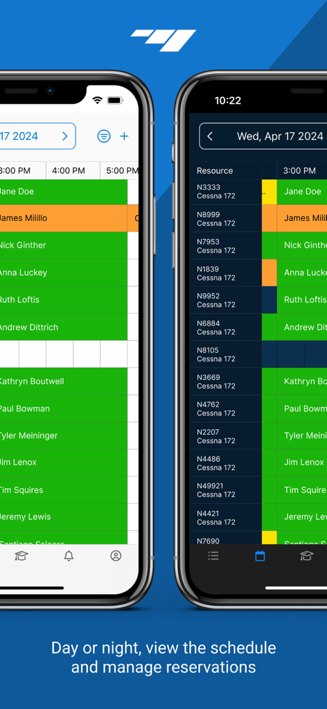 Flight Schedule Pro - Flight Schedule Pro mobile app interface showing aircraft scheduling and pilot reservations in light and dark modes.