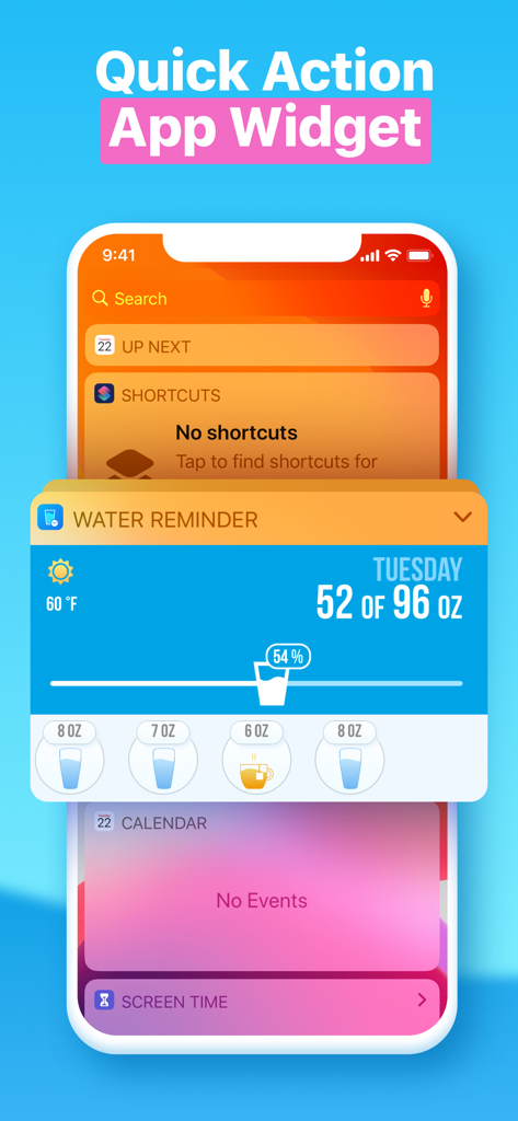 Water Reminder - Daily Tracker - Un widget de aplicación móvil para rastrear la ingesta de agua que muestra el progreso diario y los botones de registro rápido.